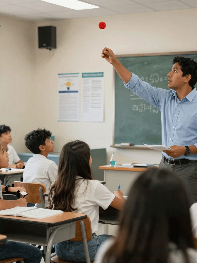 A vibrant classroom scene with students engaged in a hands-on math activity, surrounded by red and black decor.