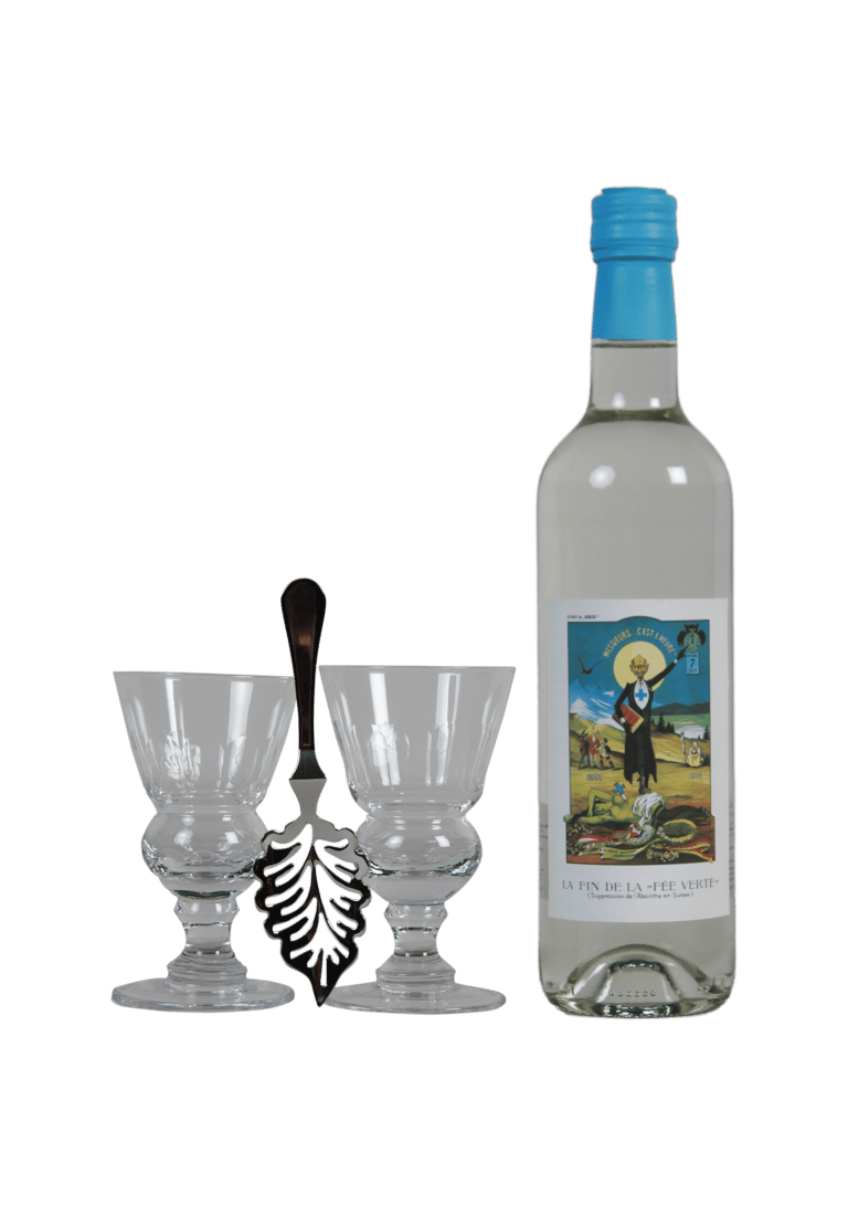Etiquette incontournable Guguss présente sur une bouteille d'Absinthe Guilloud