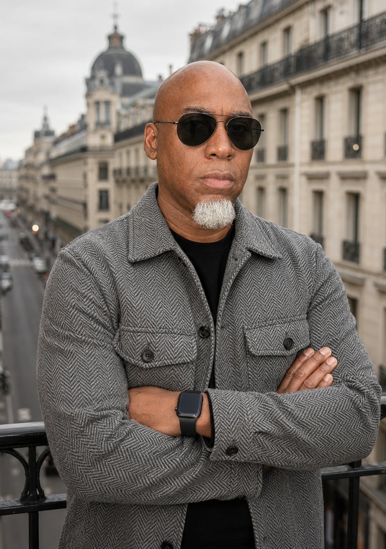Lee A Jones wearing sunglasses standing on a balcony with arms crossed