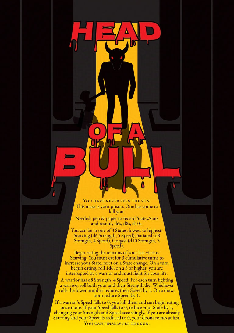 The cover of Head of a Bull. A minotaur stands, silhouetted by a yellow doorway, with pillars on each side.