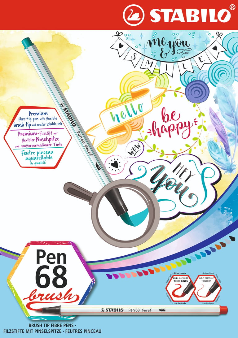 Stabilo Pen 68 brush tip fibre pens packaging featuring colorful hand lettering and creative illustrations.