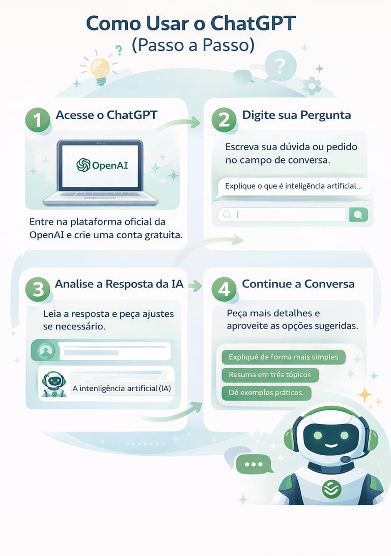 Infográfico mostrando o passo a passo de como usar o ChatGPT desde acessar a plataforma até continua