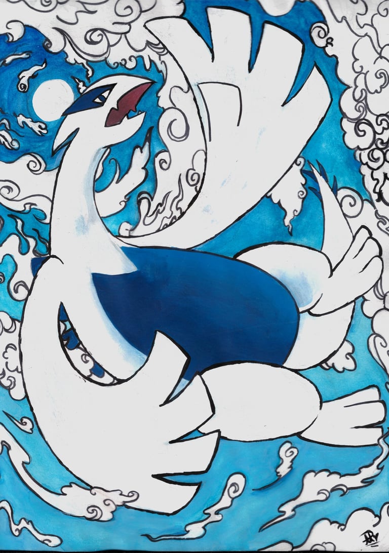 gouache painting of lugia, pokemon, second gen. 2nd gen. 