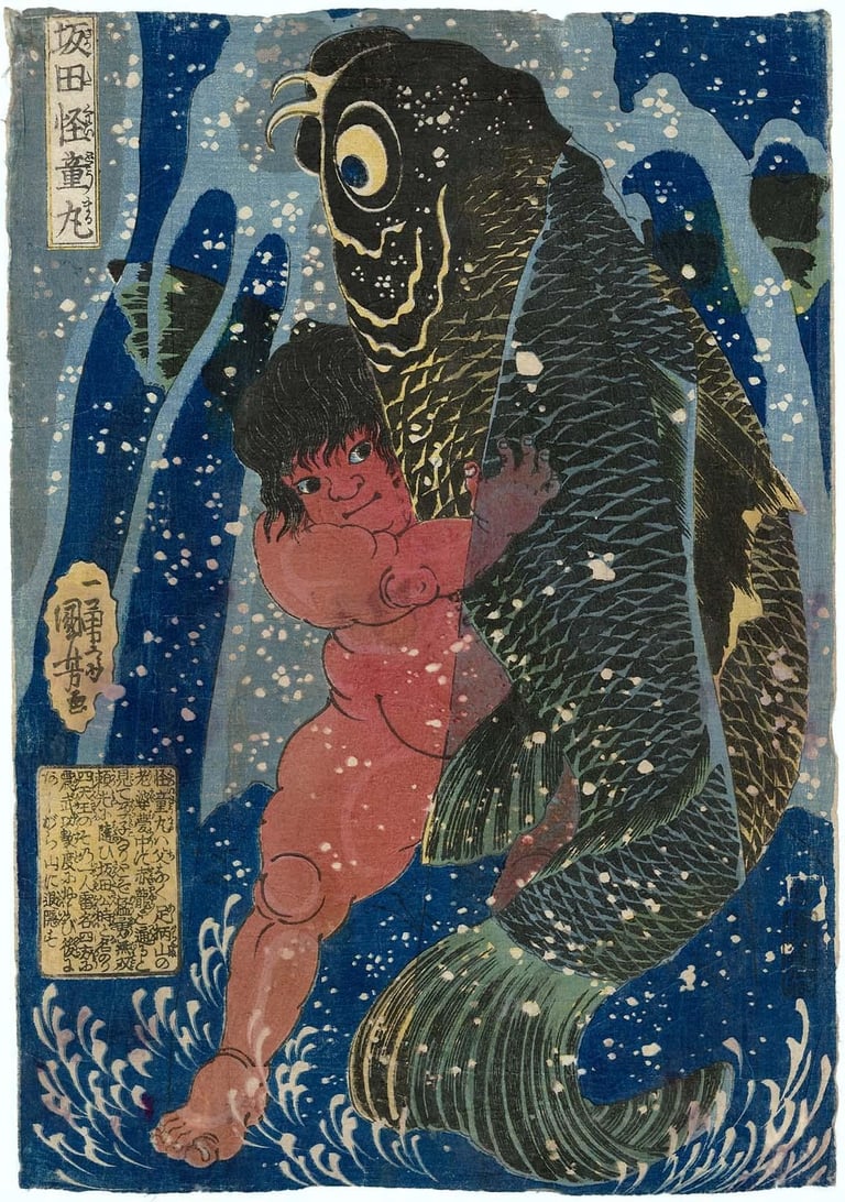red-skinned boy kintaro wrestling with a giant carp in a waterfall by kuniyoshi