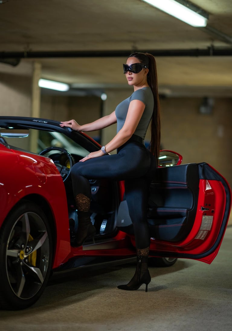 Model posing beside red convertible Ferrari in a luxury fashion shoot by Fred Art Studio