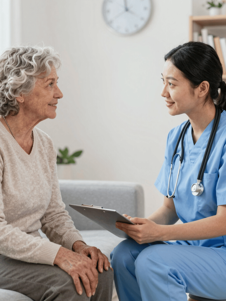 A smiling nurse in blue scrubs consulting with an elderly woman patient during a home healthcare visit.