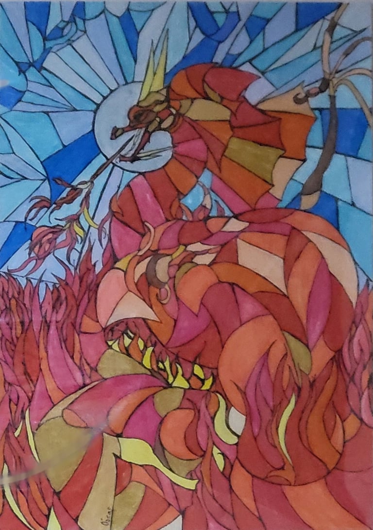 Dibujo de una vidriera de colores con un dragón entre llamas, hecho por Óscar Ocaña Parrón