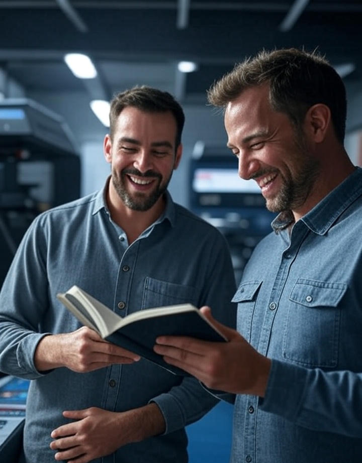 Two mwn at printers looking over book