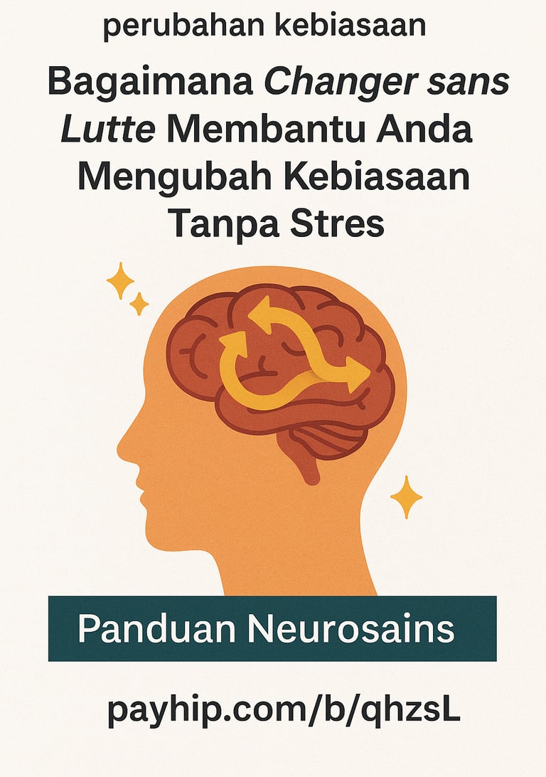 Poster panduan neurosains untuk ubah kebiasaan tanpa stres dengan ilustrasi otak dan panah perubahan