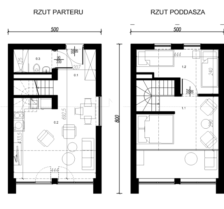 Rzuty nowoczesnego domu modułowego z poddaszem użytkowym i antesolą 
