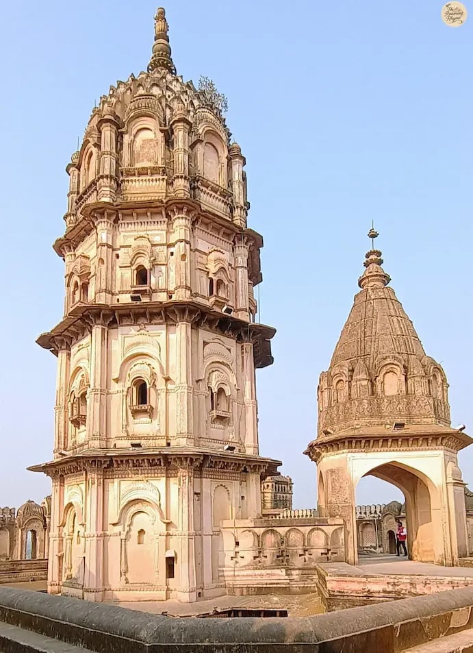 Terrace view of Lakshmi Temple in Orchha, featuring Bundela-style shikhara.