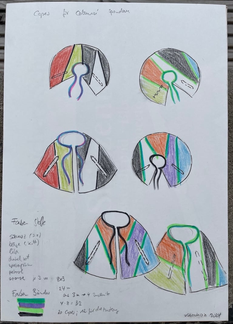 Hand-drawn fashion design sketches of colorful capes with geometric patterns and handwritten construction notes.