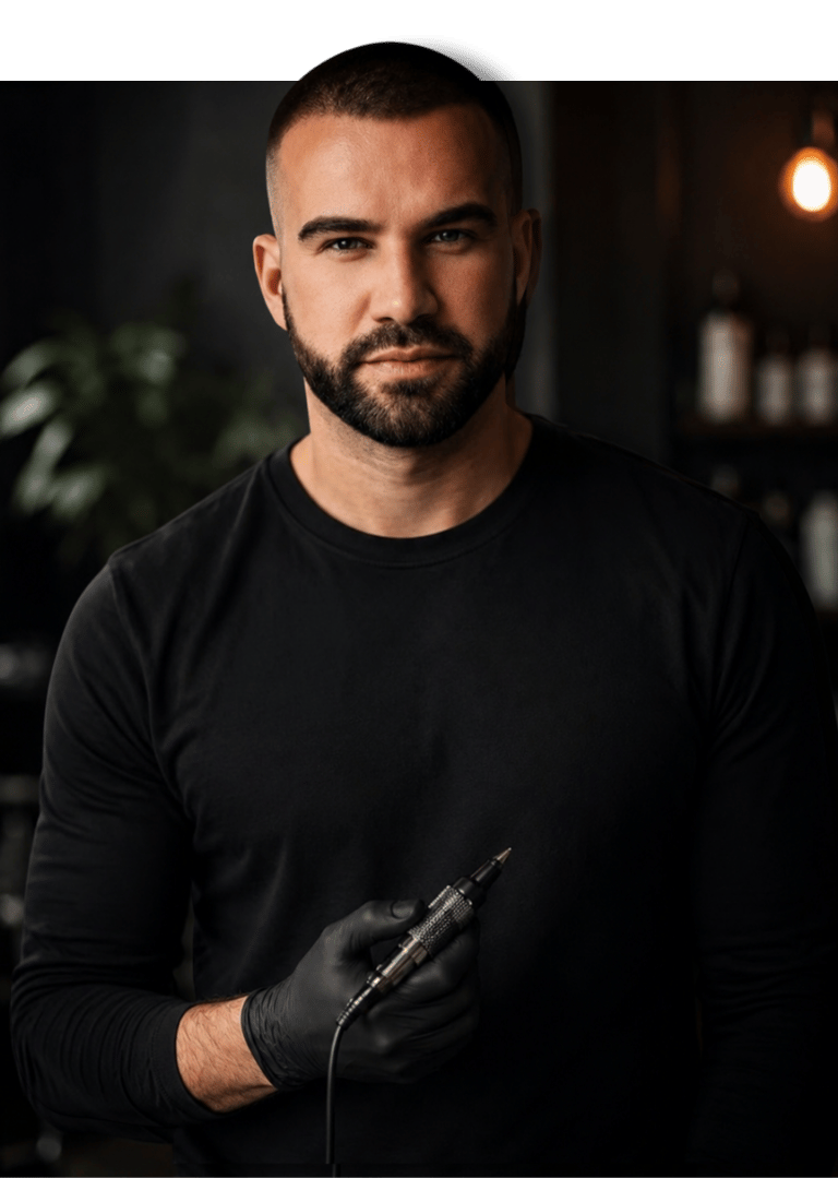 David Robert of Toronto Scalp Micropigmentation Studio holding an SMP machine inside the studio.
