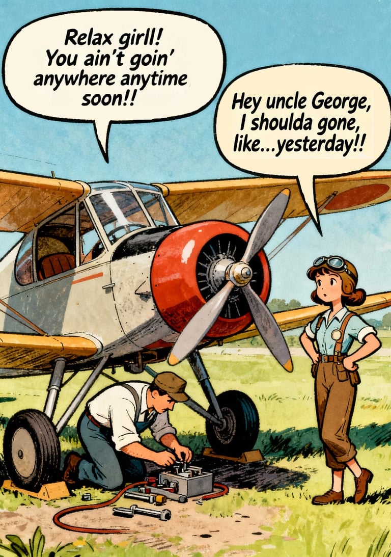 a cartoonish airplane with a plane mechanic talking to girl pilot, subject technical general