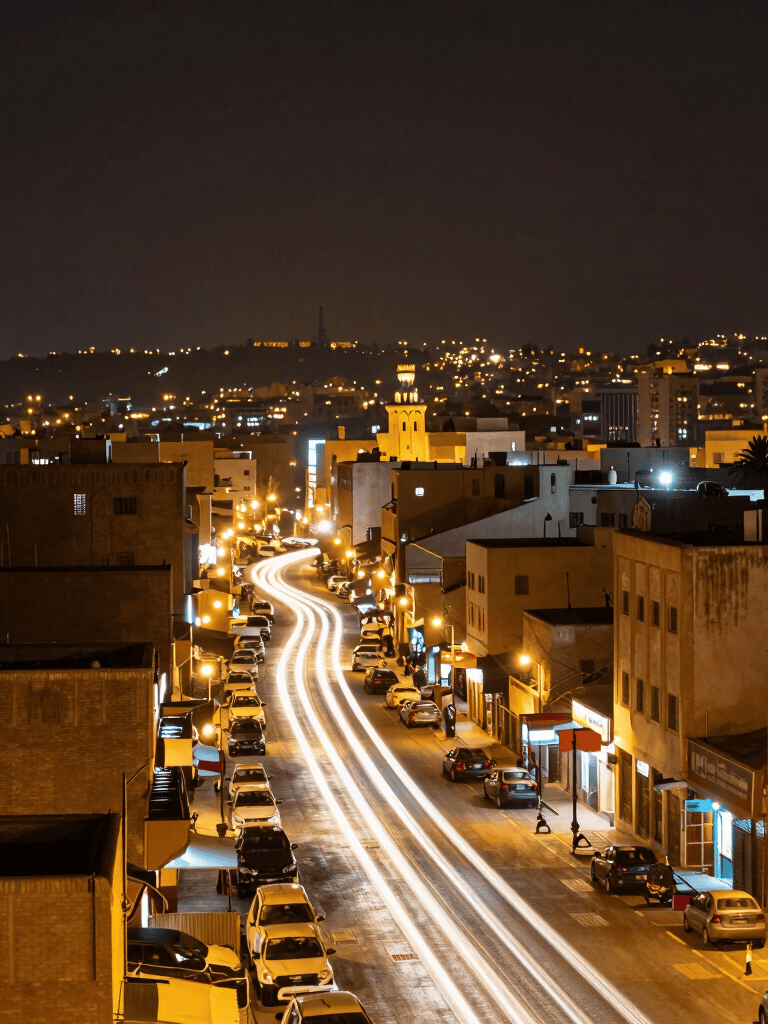 A long exposure photography shot of city lights in a North African / Moroccan metropolis at night, creating gold and white light trails.