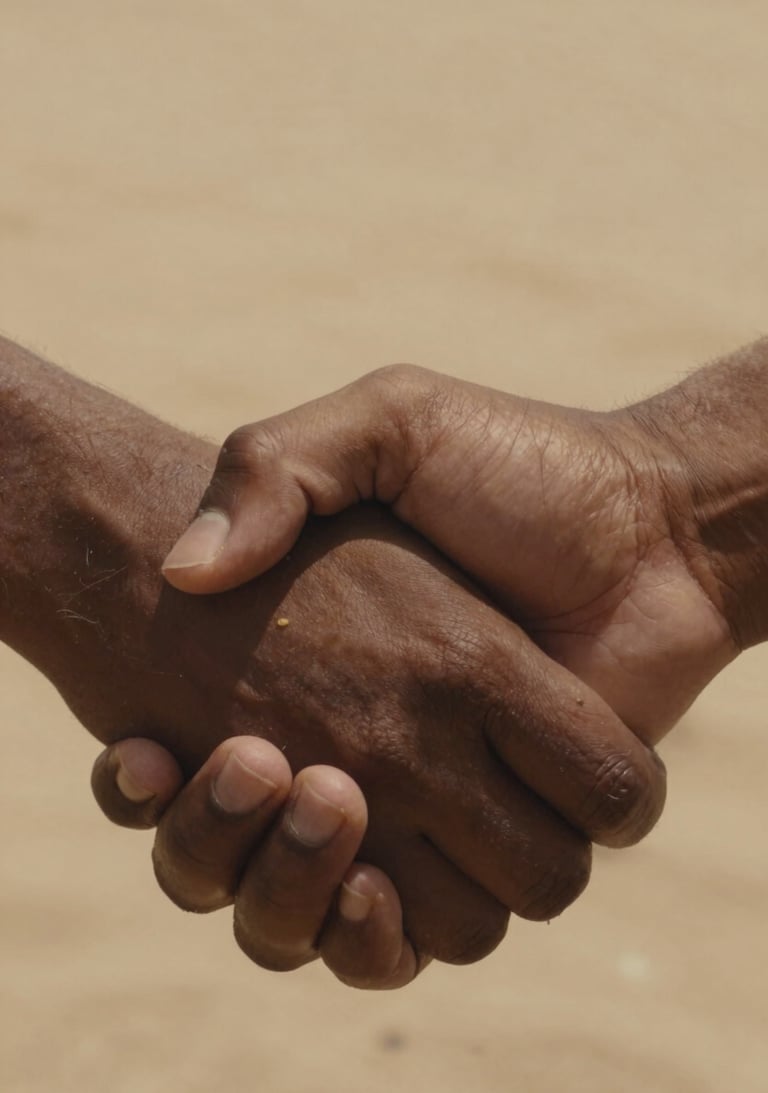 A candid close-up of hands held tightly, warm earthy brown skin tones against a soft sand fabric background, cinematic photography style.