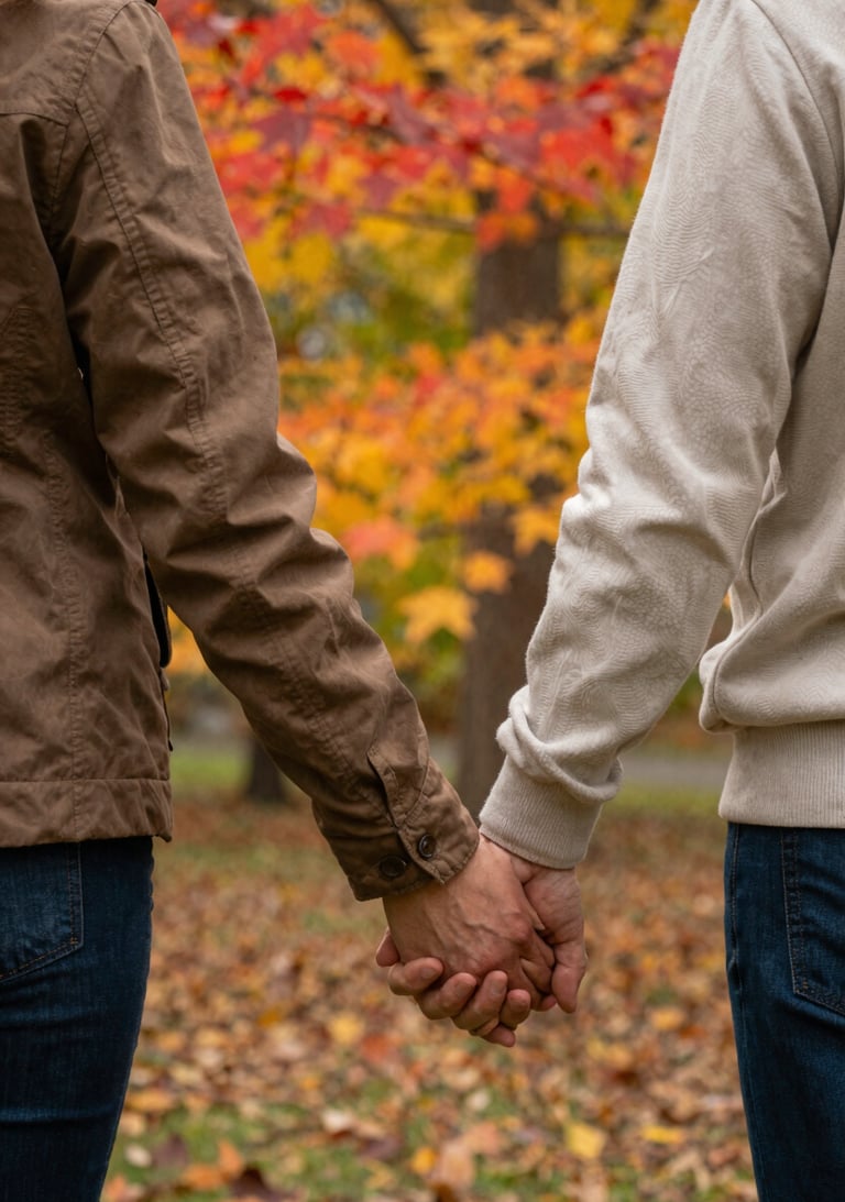 Candid shot of a couple holding hands while exploring a North American / US park during autumn, colorful leaves in the background, warm and inviting atmosphere.