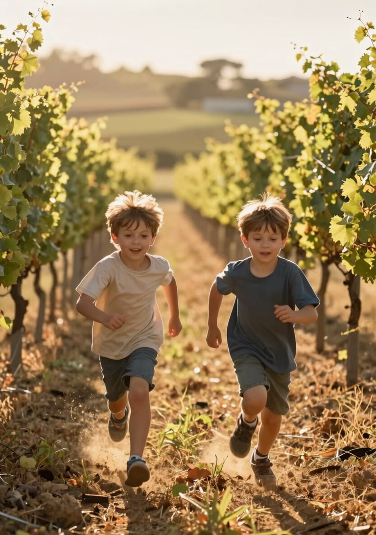 A vertical shot of two siblings running through a vineyard, sun rays piercing through the vines. The environment is warm and sun-drenched, emphasizing storytelling.