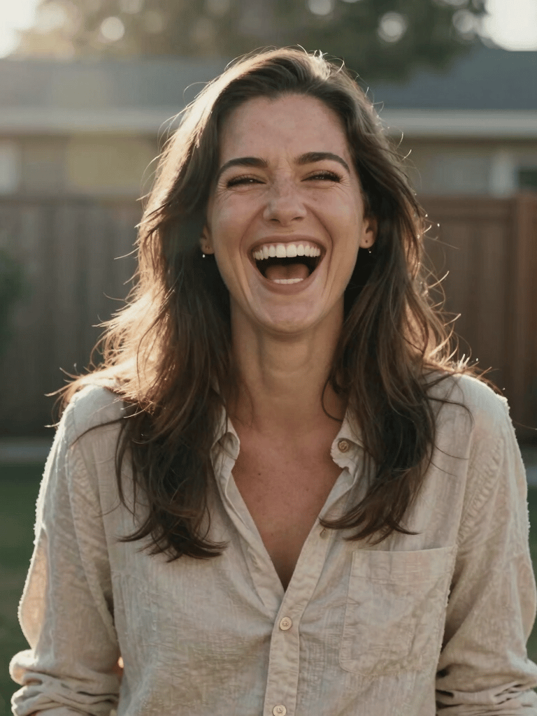 Portrait of a woman laughing in a North American backyard, soft lens flare, cinematic lighting, warm beige and charcoal color palette.
