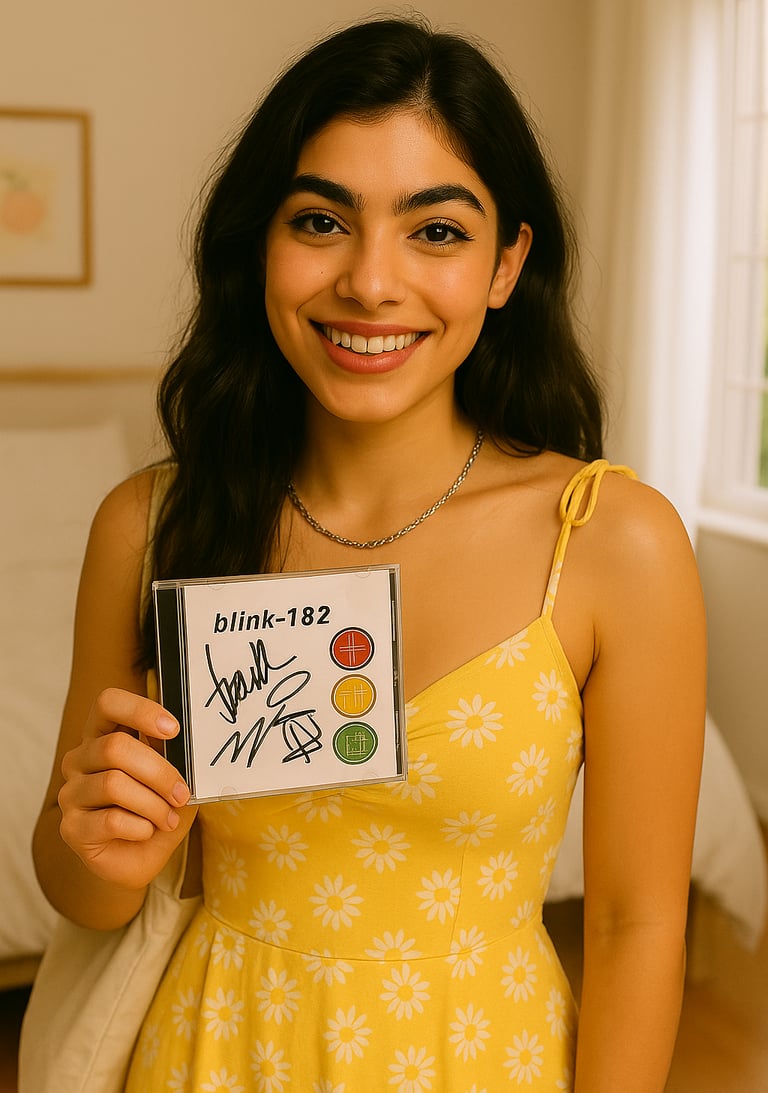 a woman in a yellow dress holding a sign that says thinkin't -