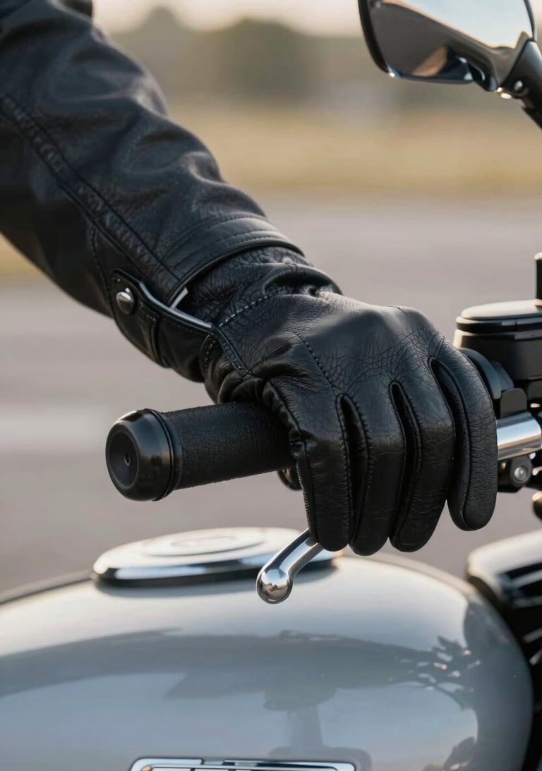 A detailed shot of a leather-gloved hand on a polished silver grey motorcycle handlebar. The focus is sharp on the stitching and grain of the jet black leather. Shot in soft, natural morning light in a Global / Western outdoor setting.