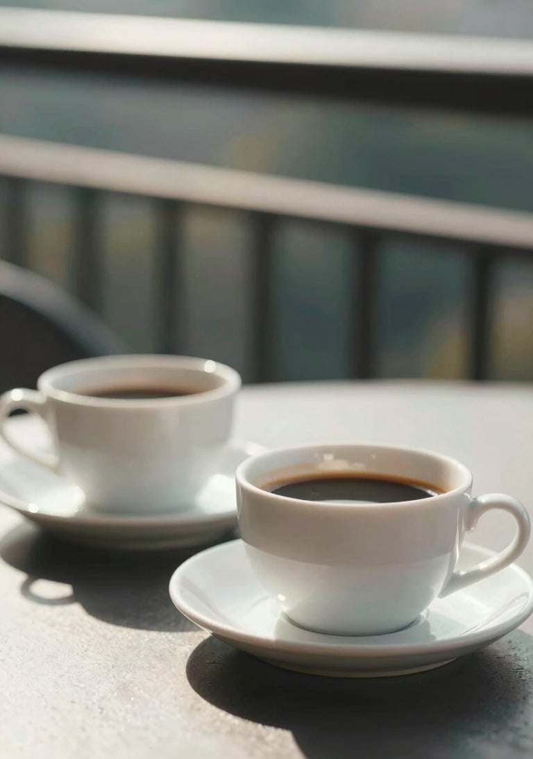 Close-up of coffee cups on a sun-drenched balcony, authentic morning routine, cinematic style, #FDF8F0 and #E2D7C3.
