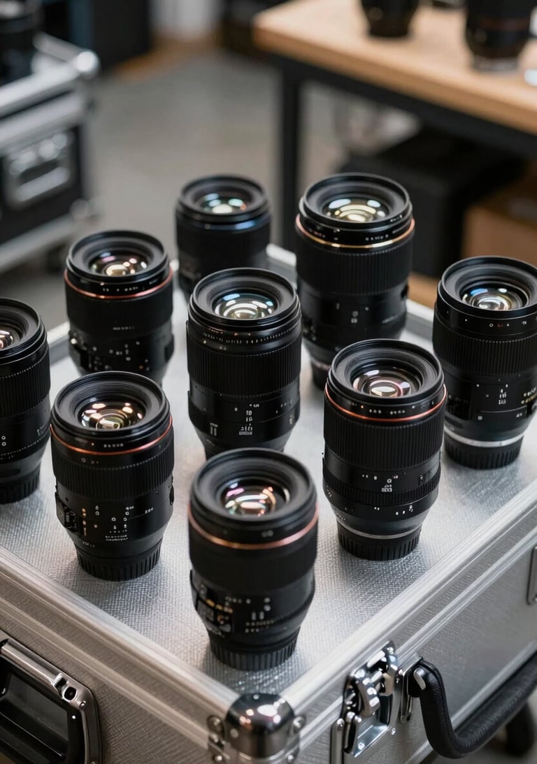 An array of high-end prime lenses arranged neatly on a light silver equipment case, North American / US workshop environment, clear and sharp architectural detail.