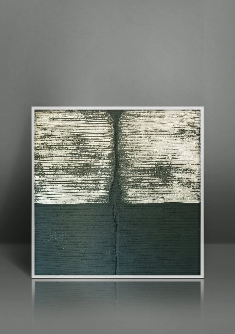 Framed abstract art featuring textured horizontal lines in black and cream earth tones.