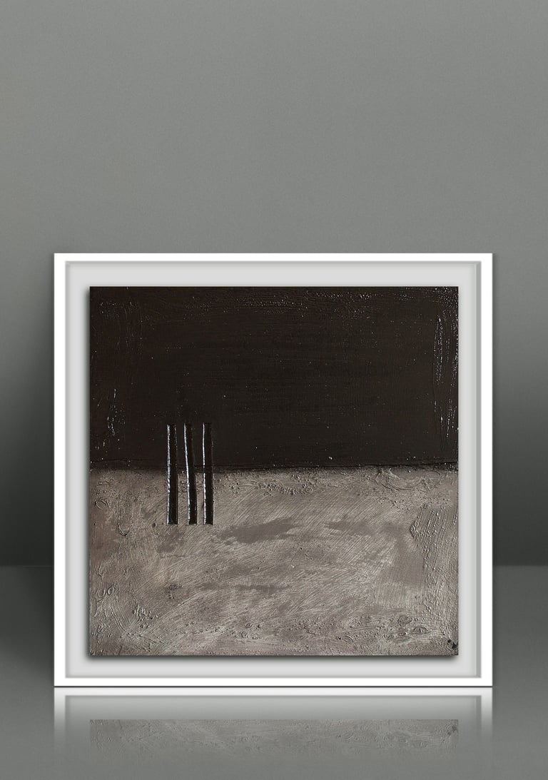 Framed minimalist abstract oil painting featuring black and grey textured tones with vertical lines.
