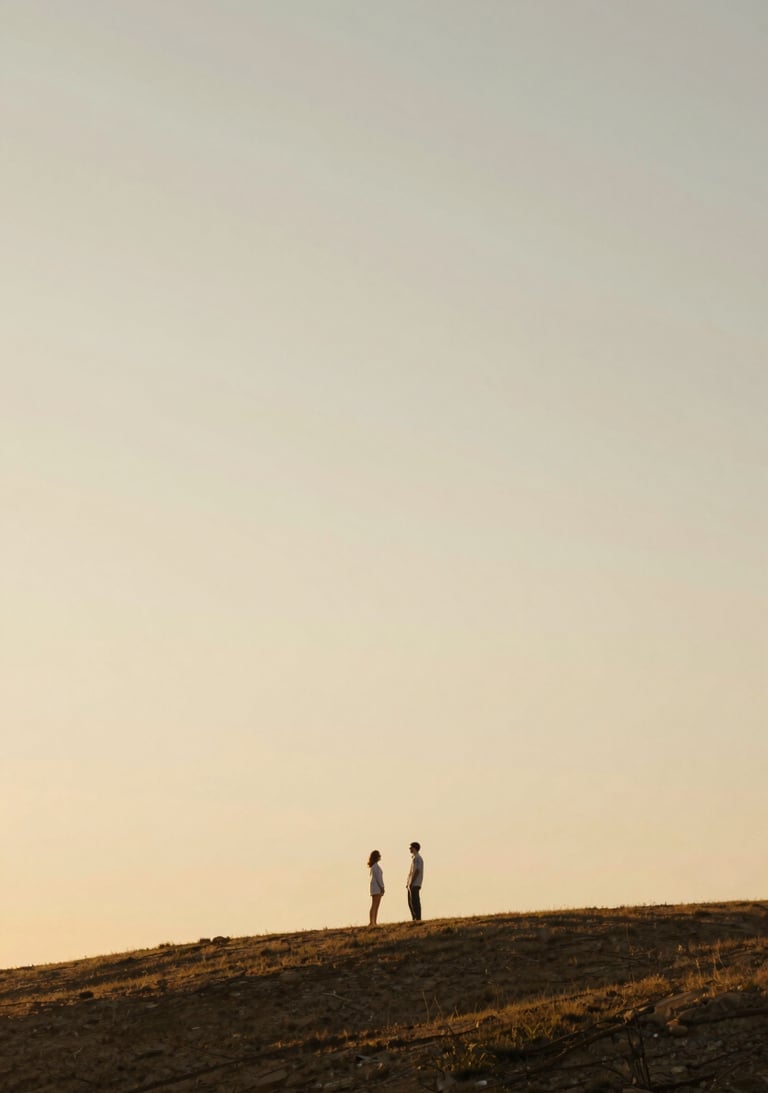 A wide sun-drenched shot of a couple standing on a hill at golden hour, cinematic wide angle, soft #F7F2EB sky tones and warm shadows.
