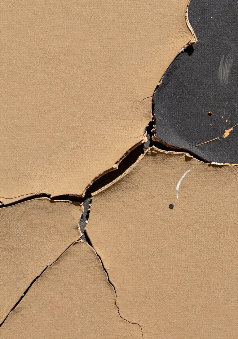 Close-up detail of layered pigments and intentional cracks on a canvas, Warm sand tones with Deep charcoal accents, atmospheric lighting.