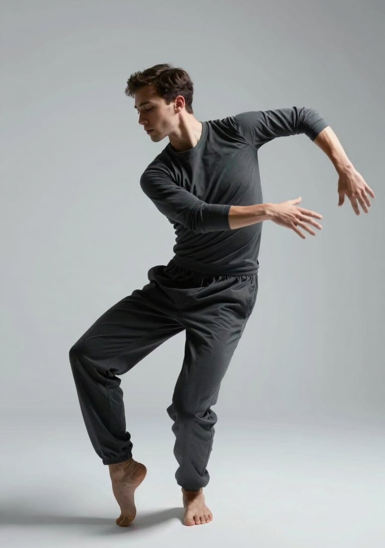 Artistic movement photography of a dancer in a dark grey outfit, captured with a slight motion blur against a light grey studio background. The style is sophisticated, modern, and minimalist.