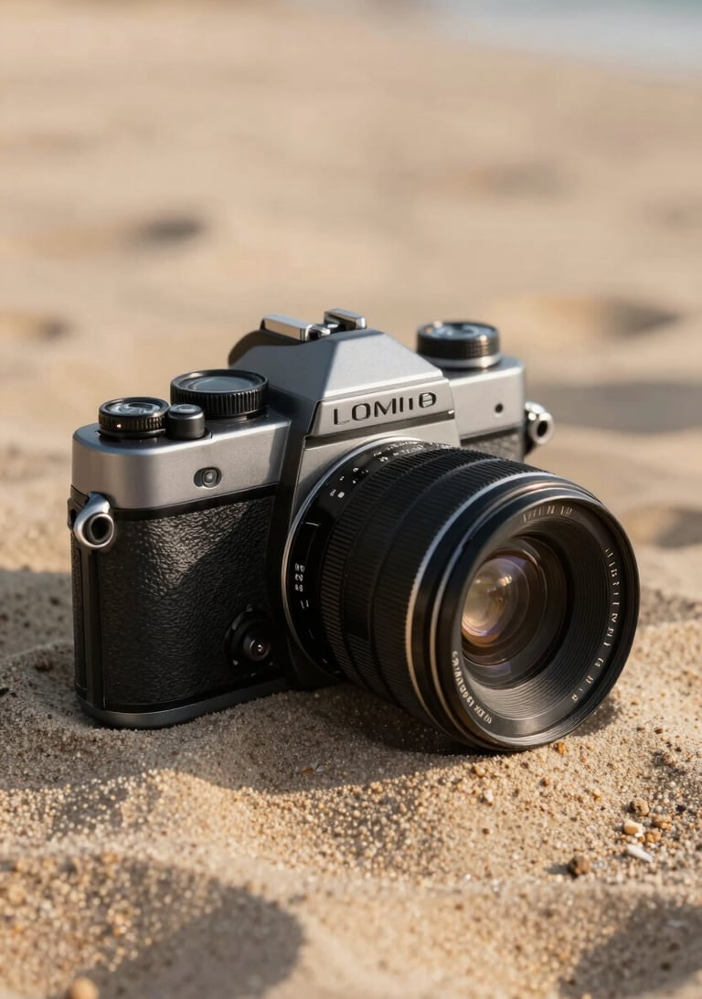 Close-up of charcoal colored film camera resting on a soft sand linen fabric. Warm sun-drenched morning light in a North American / US setting.