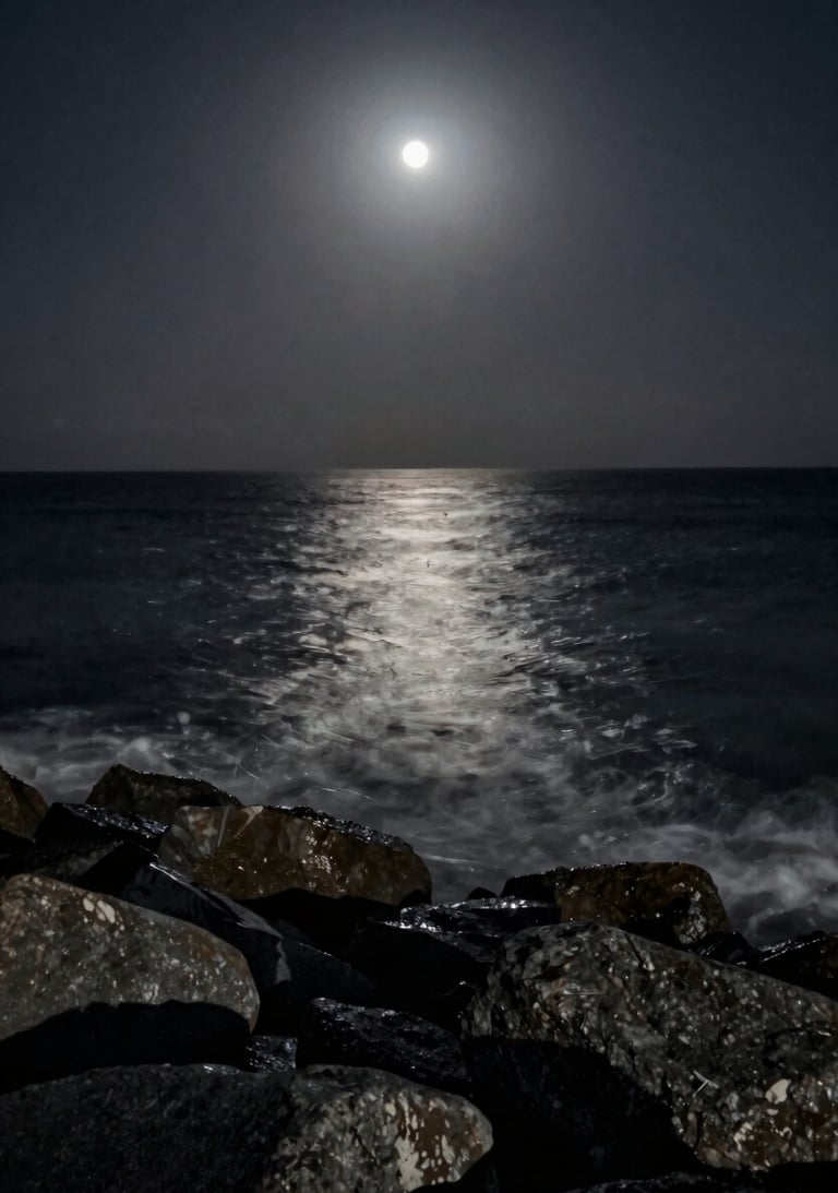 A wide cinematic shot of a dark coastline at night, moonlit #A8A8A8 water, #0F0F0F rocks, professional film still quality, moody and evocative.