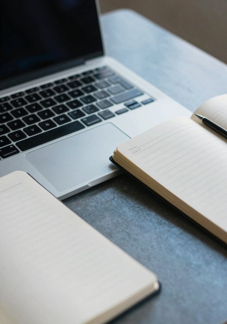 A detail shot of a laptop keyboard and a designer's notebook on a steel blue desk in a quiet North American / US workspace.