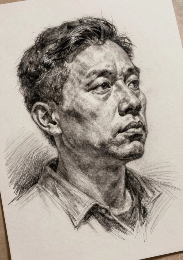 Detailed shot of a charcoal sketch on heavy-weight textured paper, showcasing fine lines and sophisticated shading in a refined North American art style.