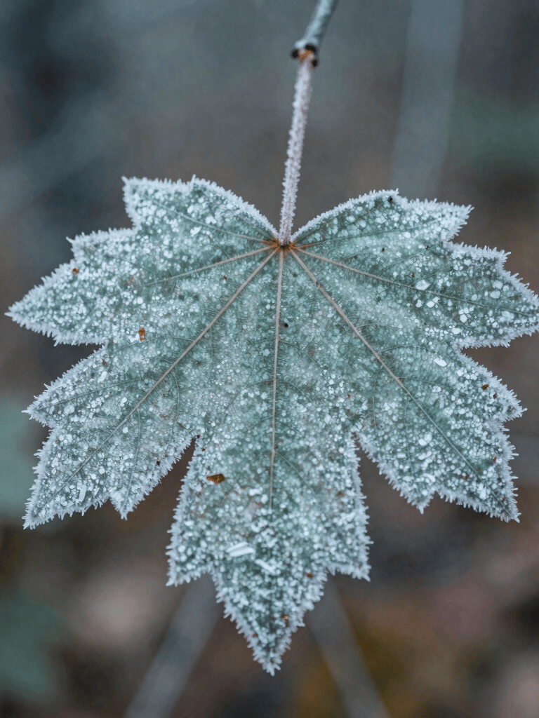 Macro shot of a frosty mountain leaf in a North American / US autumn forest, clean and modern composition, mint and teal gray tones, serene nature detail.