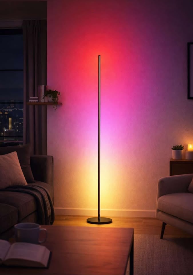 Slim LED floor lamp casting colorful ambient light across a modern living room