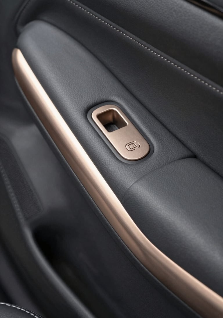 Interior detail of a luxury vehicle, charcoal gray leather stitching and muted champagne gold metal accents, North American / US automotive design.
