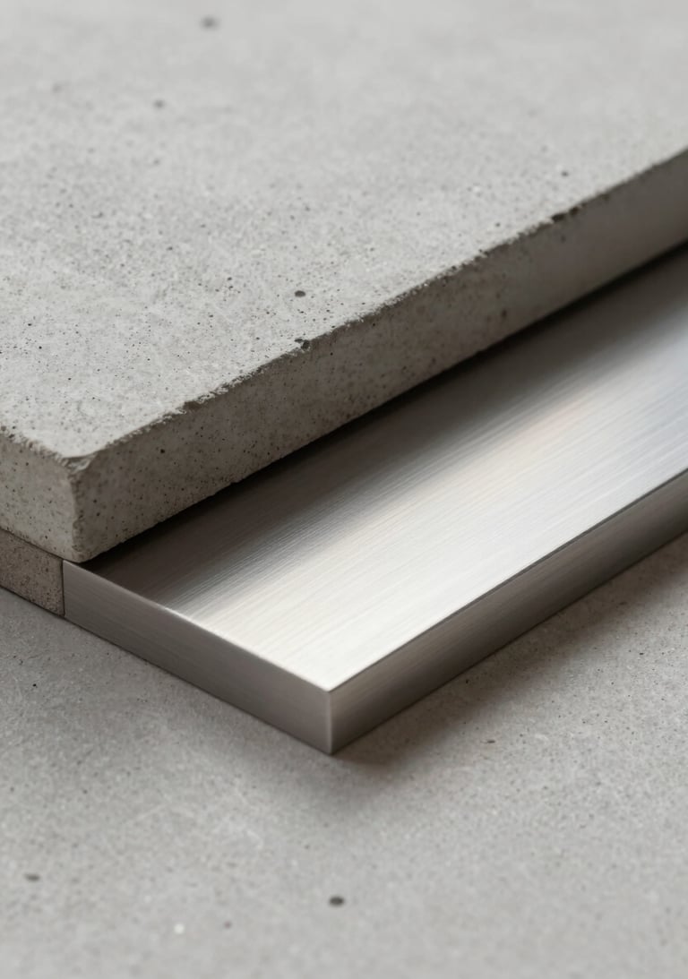 A close-up of high-quality architectural materials, specifically light grey concrete and brushed aluminum, reflecting modern design sensibility.