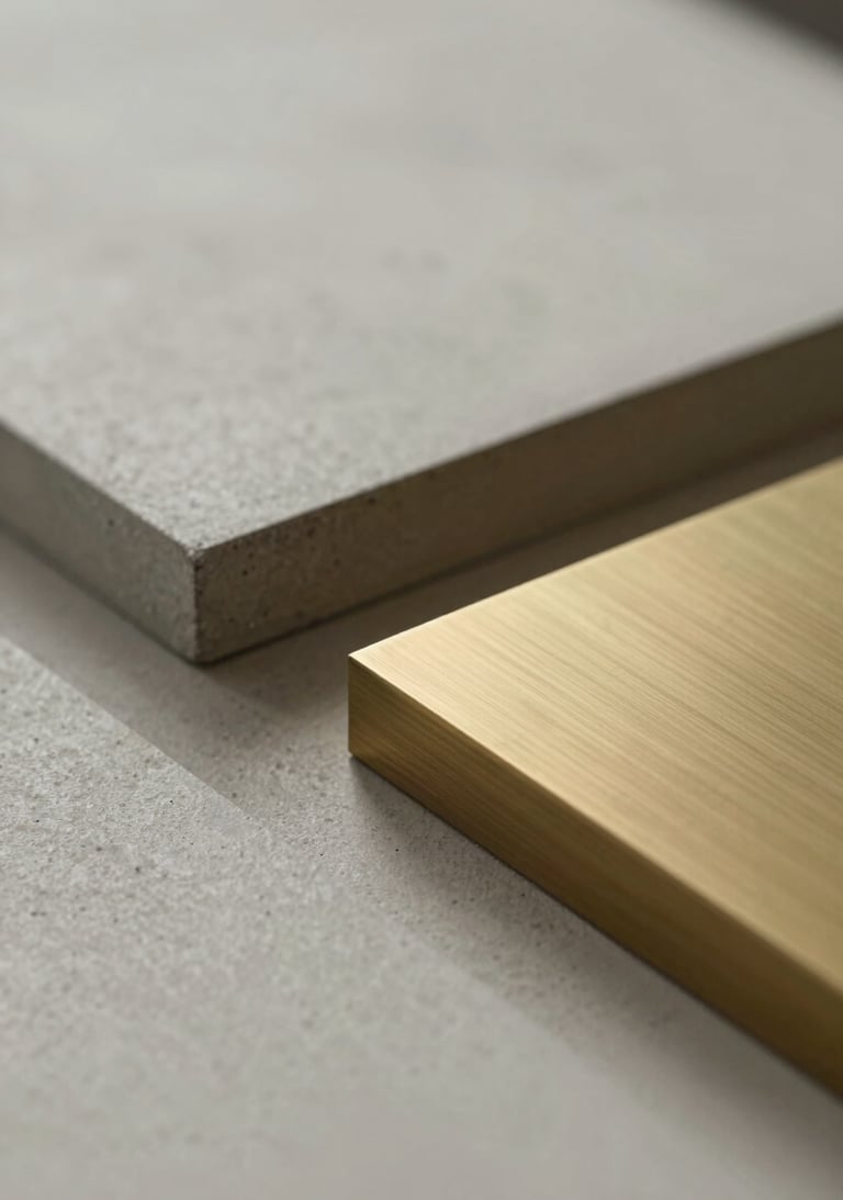 Close-up of high-quality architectural materials, concrete and brushed brass, shot with soft natural lighting for a sense of modern elegance.