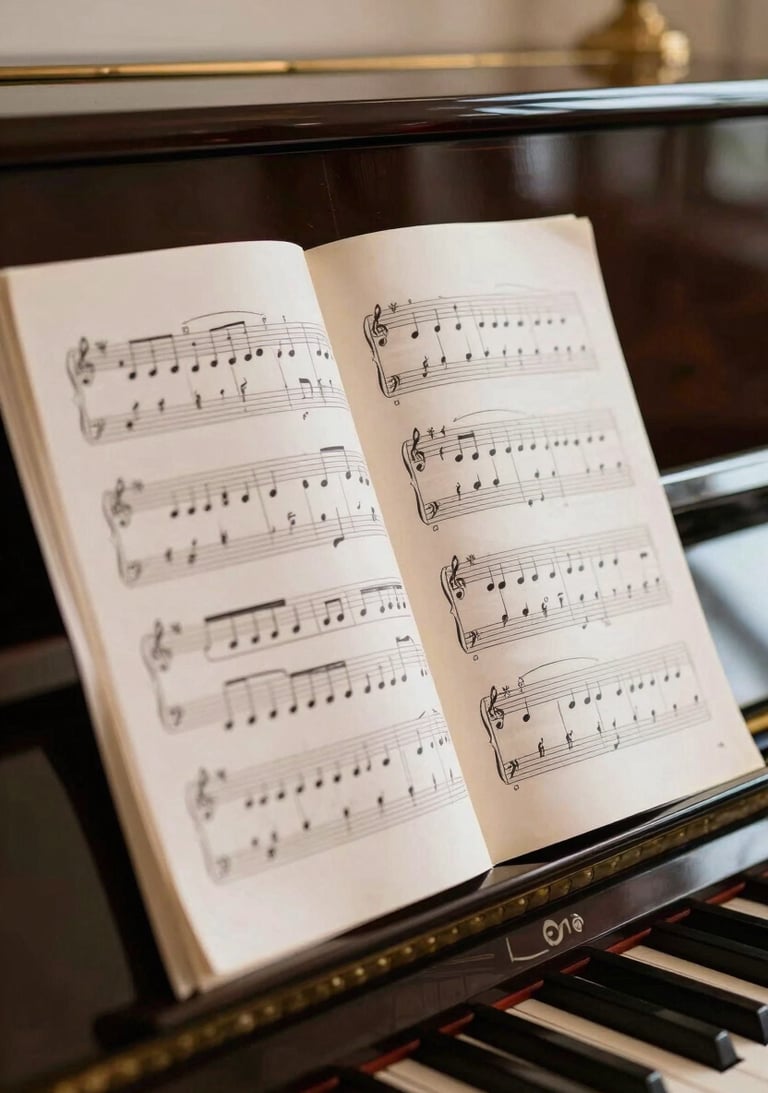 Close-up of sheet music resting on a piano stand, the lighting is warm and sophisticated, North American home interior.