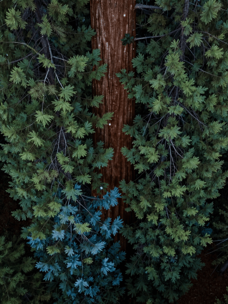 Close-up drone photography of the unique foliage pattern of a giant sequoia in Eugene, Oregon. Deep green tones mixed with slate blue shadows. Professional and sharp focus.