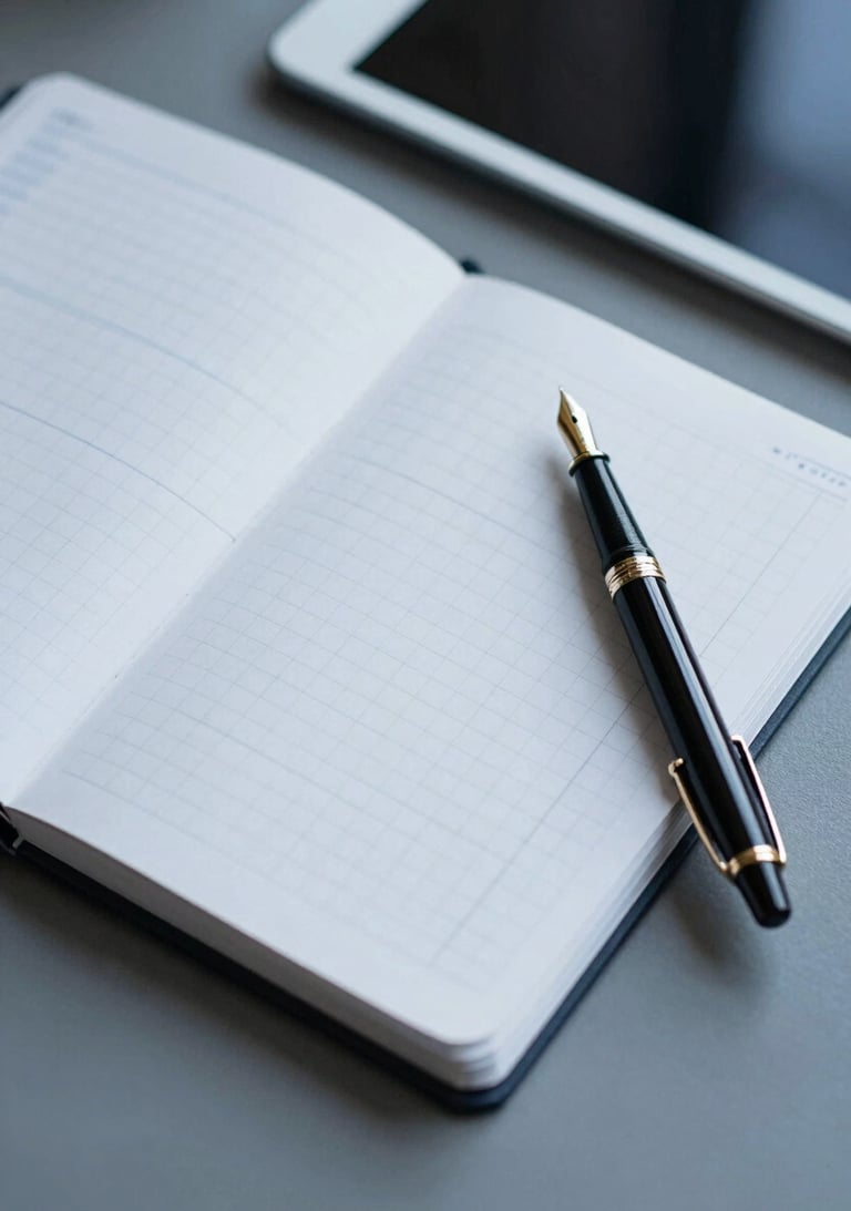 A top-down view of a designer's desk with a grid-layout notebook, a premium fountain pen, and a tablet, meticulous and clean, #ECF0F1 and #2C3E50.