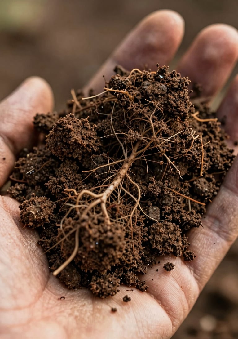 Macro close-up shot of rich, dark, crumbly organic soil structure held in a farmer's hand, showing fine root systems and moist humus texture under soft morning light.