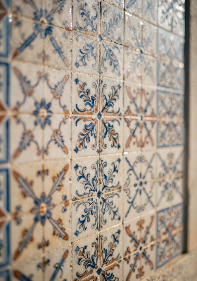 Detail of local Portuguese tiles on a sunny wall, intricate patterns in sand and terracotta, soft cinematic blur.
