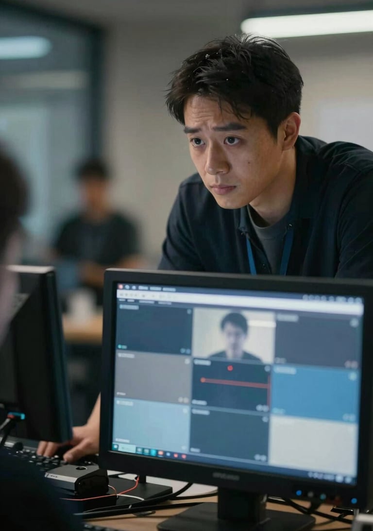 A high-end commercial film set showing a director intensely looking at a 4K reference monitor. Dynamic storytelling mood. Incorporating #1B263B, #415A77, #A0B0C0, #E0E1DD.