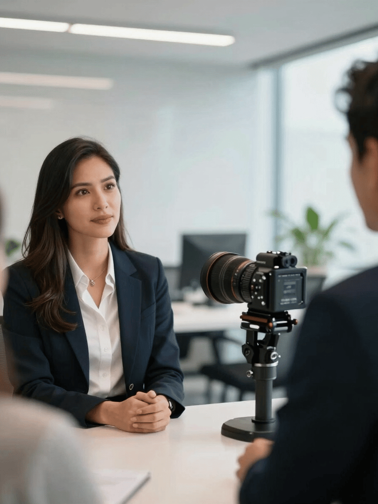 Behind the scenes of a corporate interview, professional lighting setup, clean modern office background, soft bokeh, professional South American business context.
