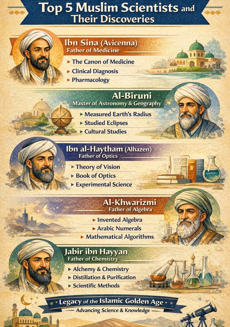 Top 5 Muslim scientists and their scientific discoveries infographic
