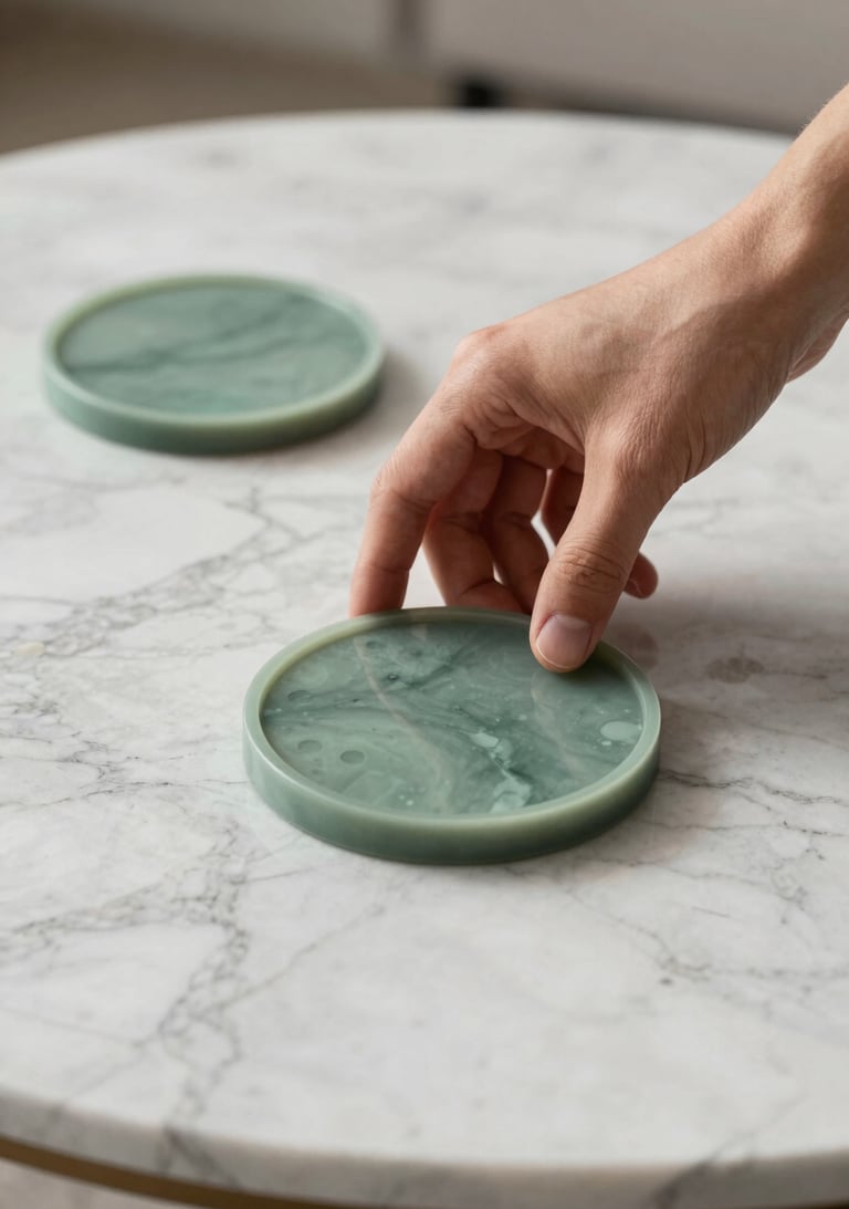 An International / Global interior decorator placing an elegant Sage Green resin coaster on a marble coffee table.